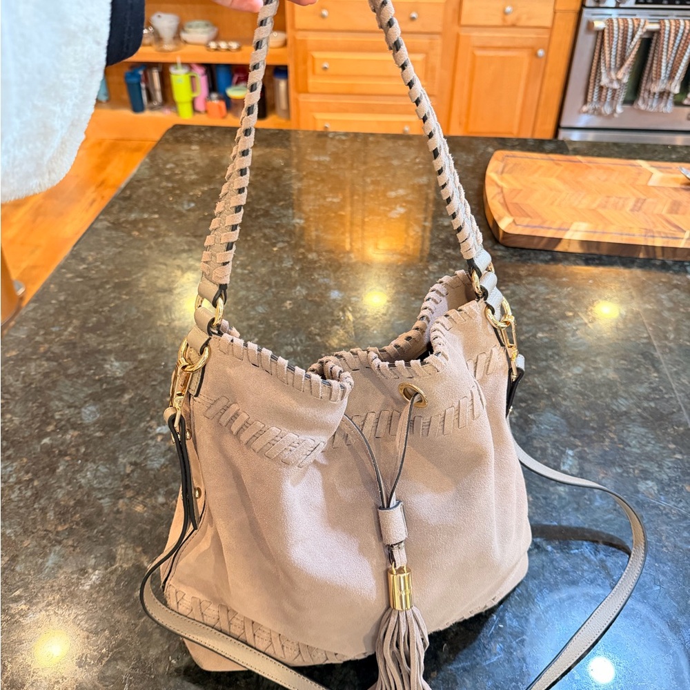 Milly Astor Suede Whipstitch bucket bag color: Taupe